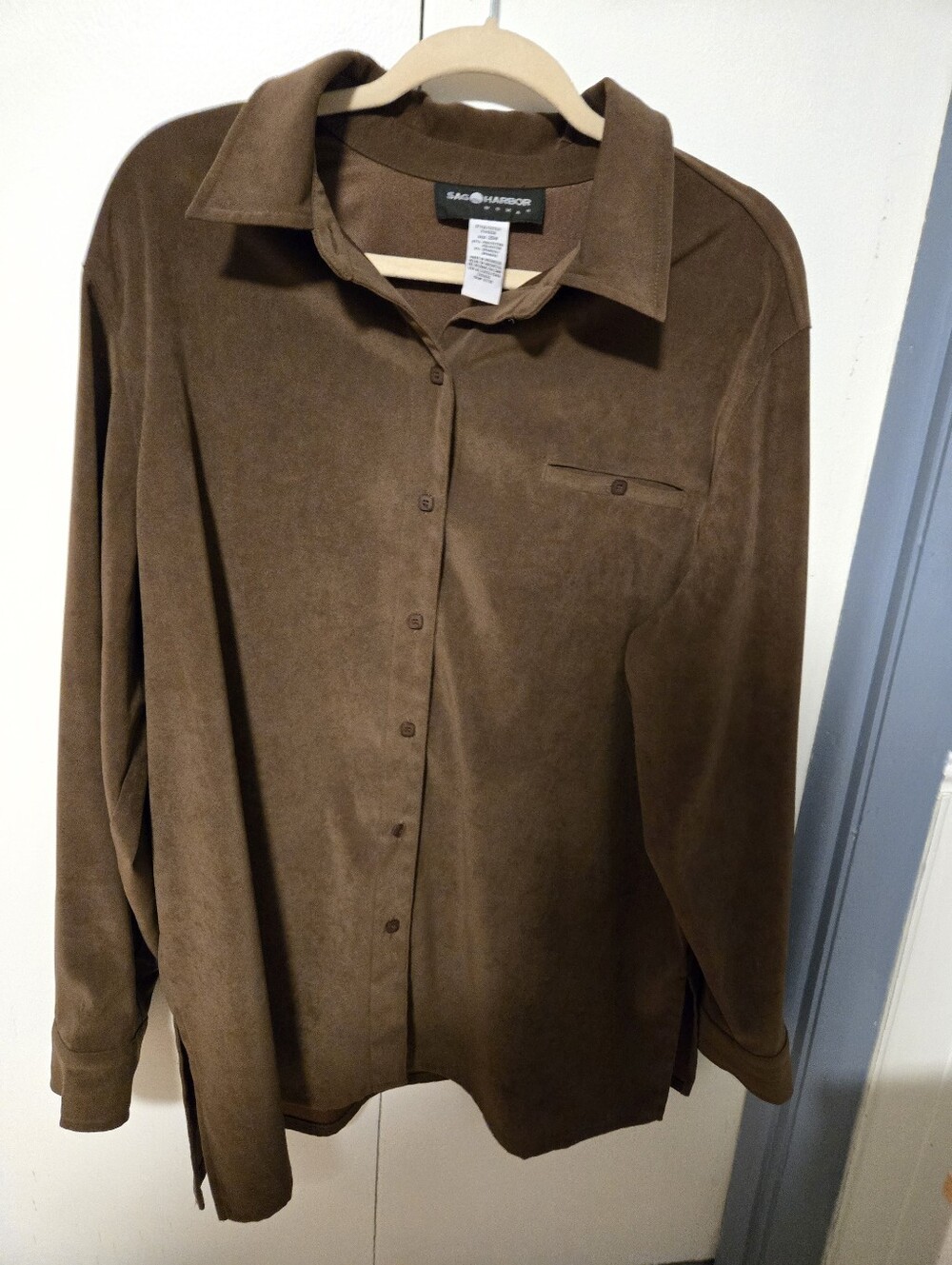 Sag Harbor Womens Suede-Look Brown Button-Front Shirt